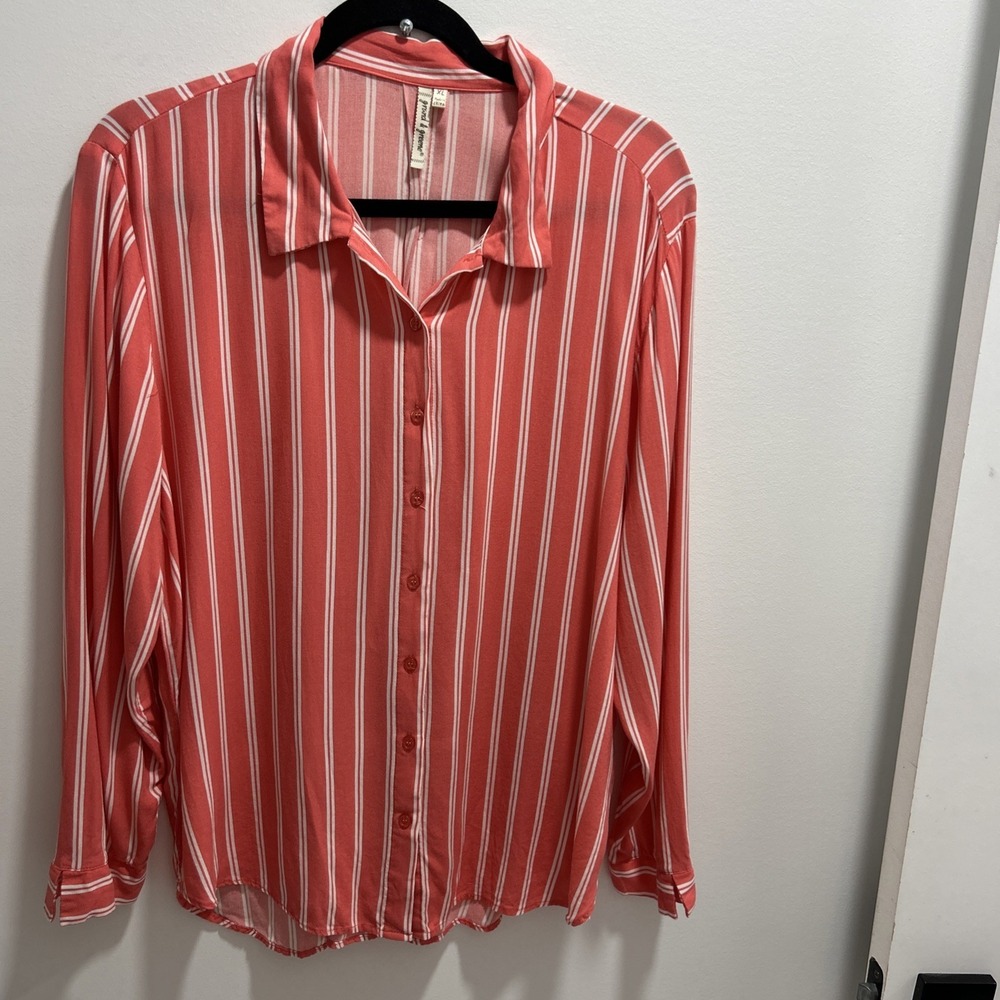 Grand & Greene XL Coral White Vertical Stripe Button Up Long Sleeve Light Blouse